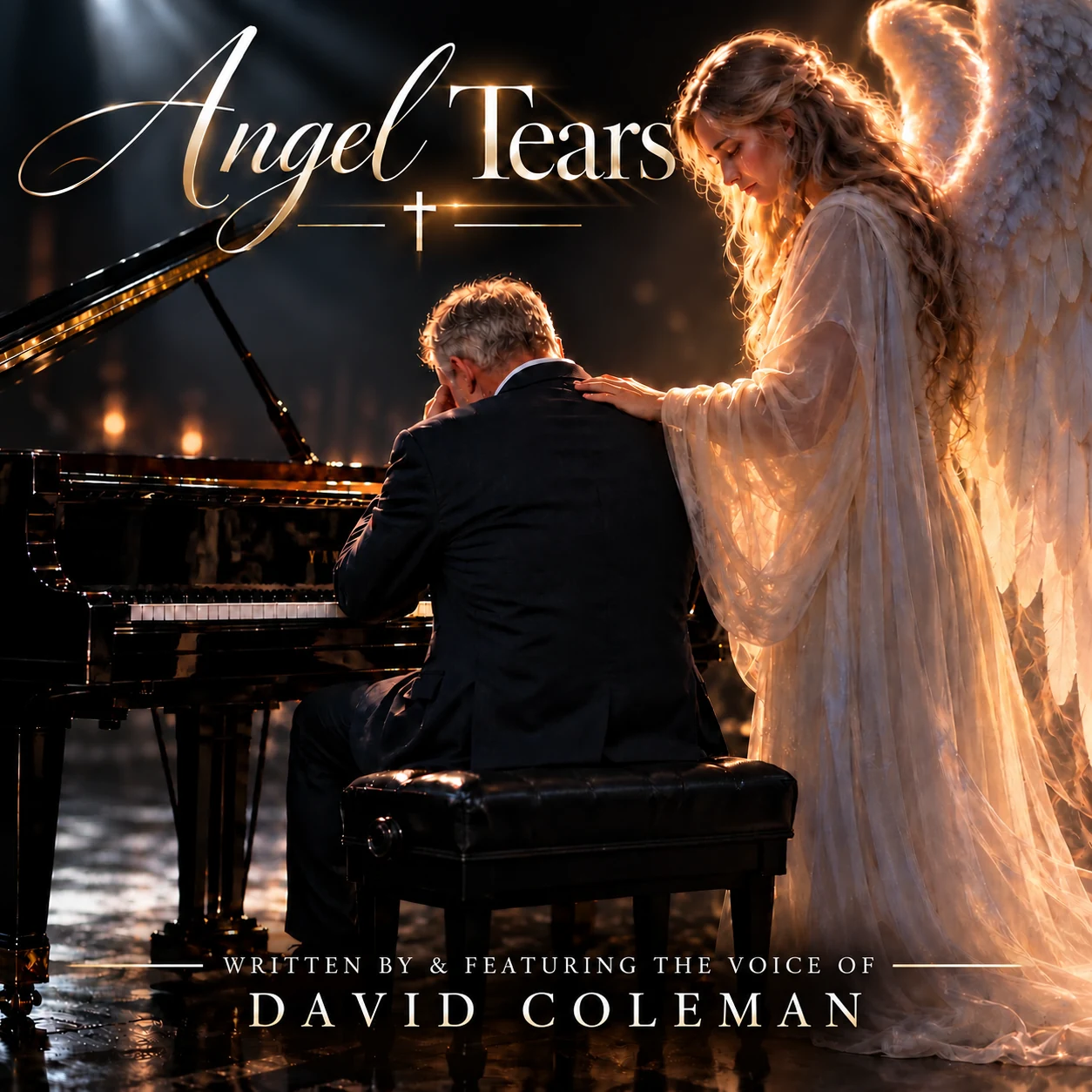 Angel Tears cover artwork: a grieving man at a piano comforted by an angel