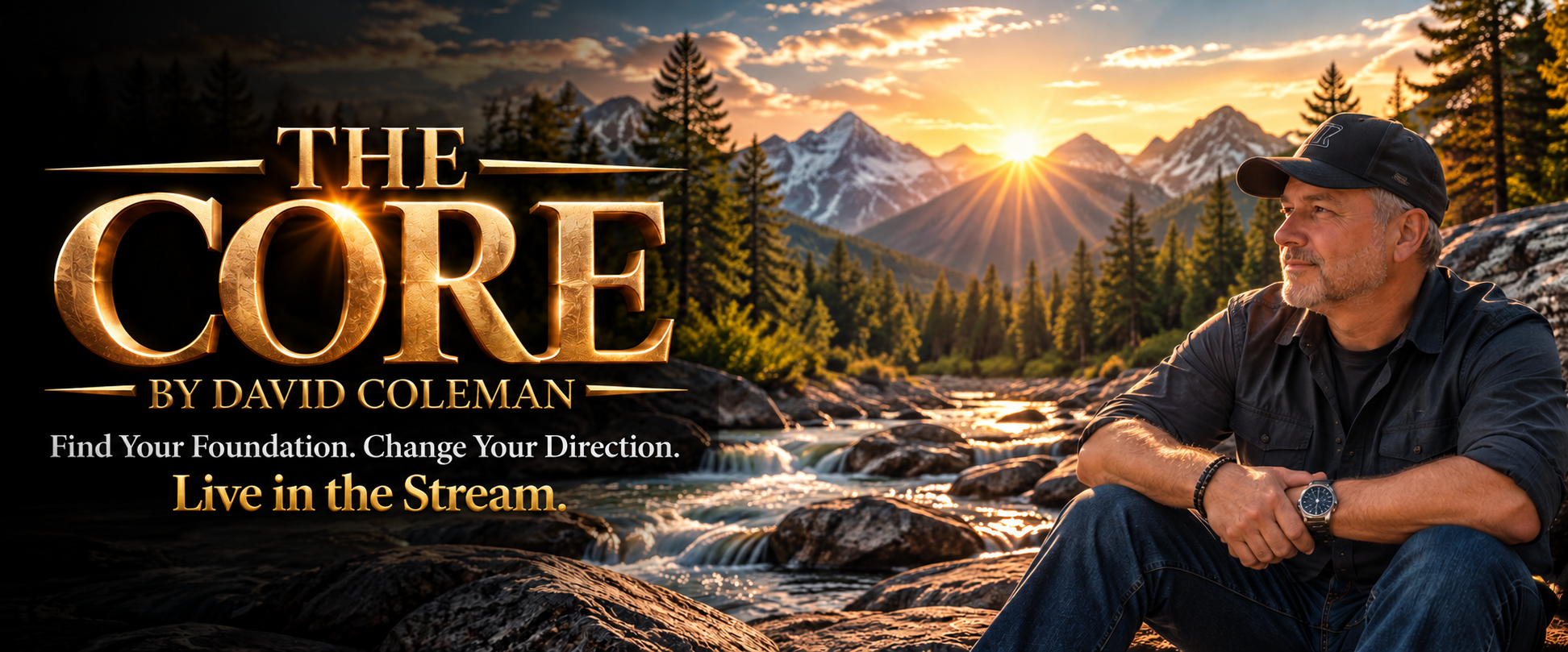 The Core by David Coleman promotional banner, featuring David beside a mountain stream at sunset