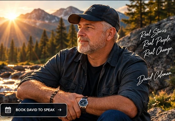 Illustrated promotional portrait by a mountain stream