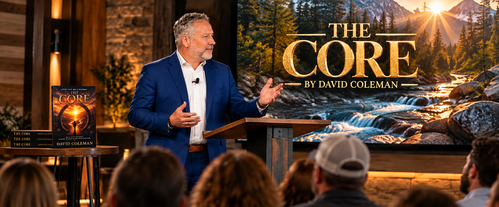 Promotional illustration of David Coleman speaking to a small audience with The Core and stream backdrop
