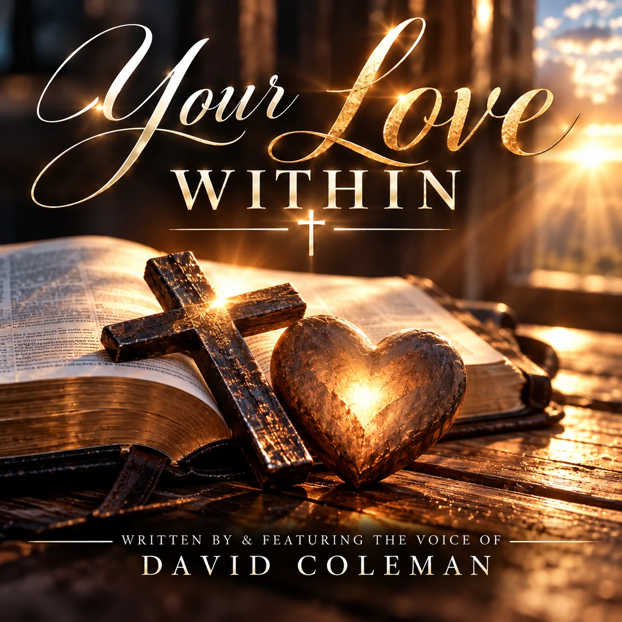 Your Love Within cover artwork: an open Bible, cross and illuminated heart